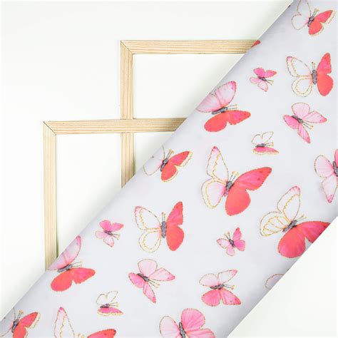 White And Punch Pink Butterfly Pattern Hand Paint Effect Digital Print ...