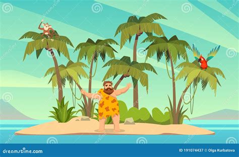 Robinson Crusoe. Man on Desert Island and Palm Trees with Parrot and ...