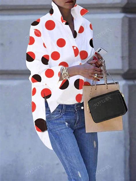 Spring & Autumn Loose Polka Dot Print Collared Ruffle Trim High Low ...