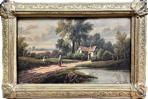Etty Horton - Antique Victorian Signed Oil Painting Figures on Riverbank Rural Landscape For ...