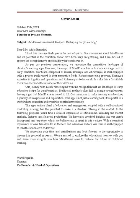 Proposal B - Cover Email October 15th, 2023 Dear Mrs. Aisha Banerjee ...