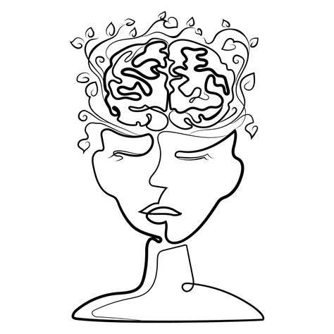 Human face head with open brain and branches with leaves growing from it Abstract line drawing ...