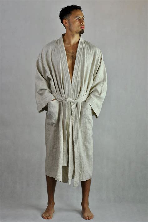 Men's Linen Natural Dressing Gown, Bath Robe, Summer, Unisex, Kimono ...