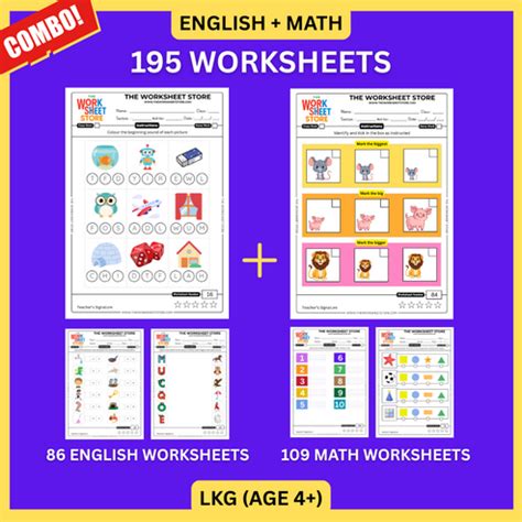 Math & English Worksheets Set for LKG (Age 4+) | 195 Pages – The ...