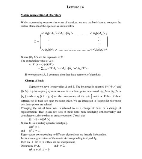 Lec14 - Lecture notes 14 - Lecture 14 Matrix representing of Operators ...
