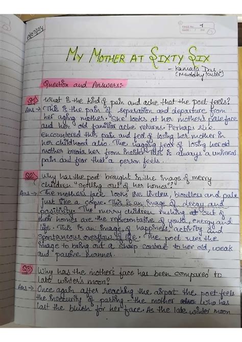 Literature Notes - PAGE No 1 DATE 202 My MOTHER AT SIXTY SIX Kanala Das ...