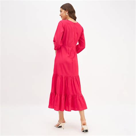 Solid pink fit flare midi dress – Hapfab