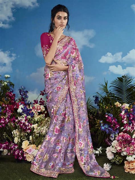light purple Brasso Saree with Heavy Embroidery Floral Border For ...