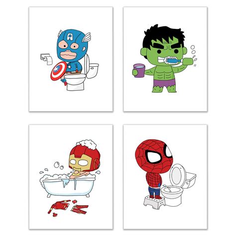 Avengers Bathroom Superhero Kids Photo Prints - Set of 4 (8 inches x 10 ...