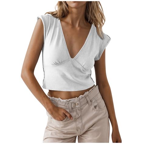 Crop Tops for Women Summer Deep V Neck Cropped Tank Tshirts Low Cut ...
