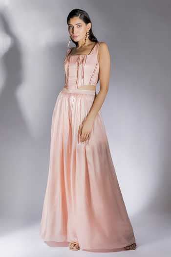 Buy Peach Sequins, Embroidery Square Neck Applique Corset And Flared ...