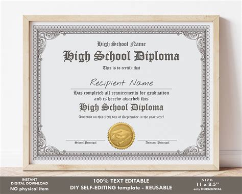 Editable home school diploma template printable homeschool diploma personalized gift graduation ...