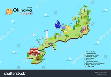 Okinawa Travel Map Japan Landmark Attractions: vector de stock (libre de regalías) 1444005410 ...