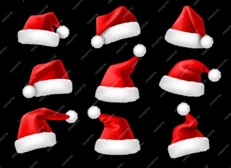 Santa claus hats. realistic christmas holiday red caps, winter holiday ...