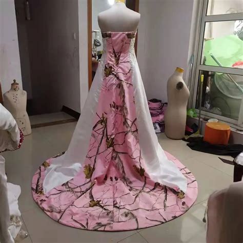White With Pink Camo Wedding Dress