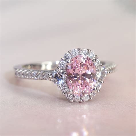 1.2 Carat Oval Pink Ring, Platinum Plated Sterling Silver Halo ...