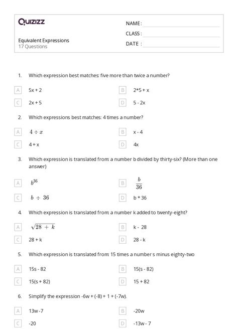 50+ Equivalent Expressions worksheets for 8th Class on Quizizz | Free ...