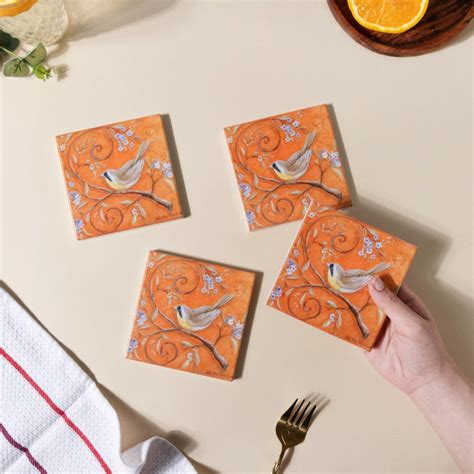 Tufted Bird Ceramic And Cork Coster Set Of 4 Online - Premium Coaster ...