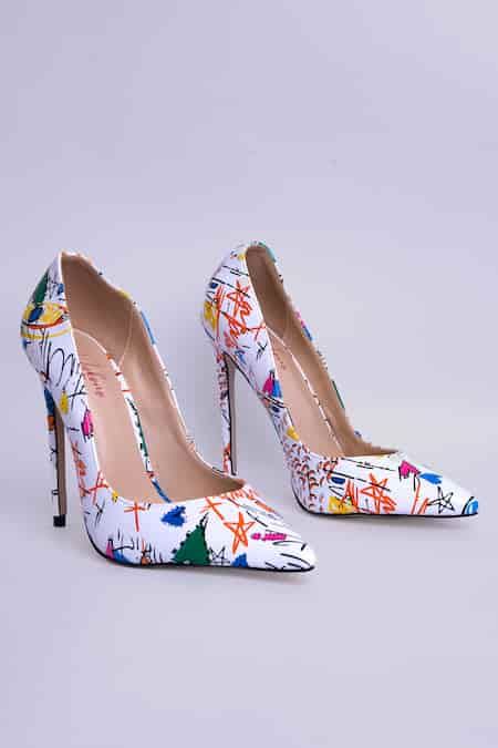 Buy White Graphic Pattern Stiletto Pumps by Mykono Online at Aza Fashions.