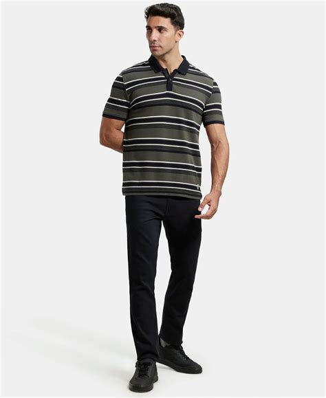 Buy Super Combed Cotton Rich Striped Polo T-Shirt - Black & Deep Olive ...