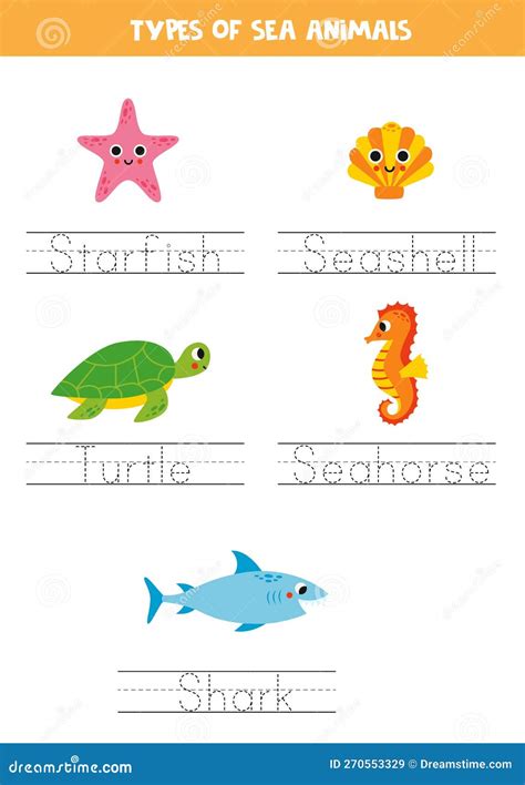 Tracing Names of Sea Animal Types. Writing Practice Stock Vector ...