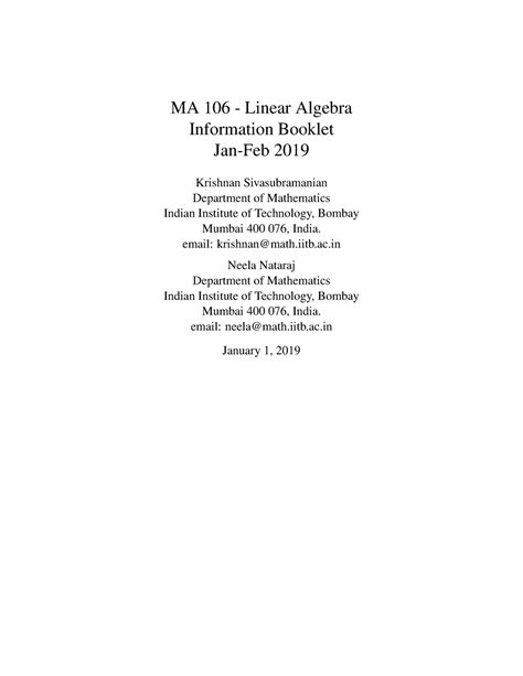 Basic info c - Intro to course - MA 106 - Linear Algebra Information ...