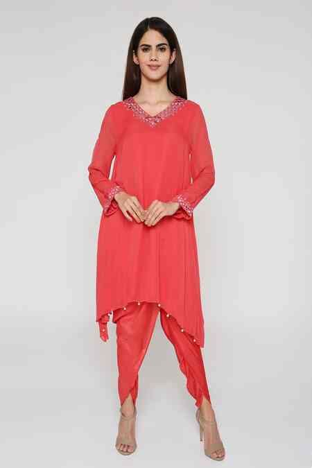 Buy Coral Georgette, Silk Pearls V-neck Rita Embroidered Tunic And ...