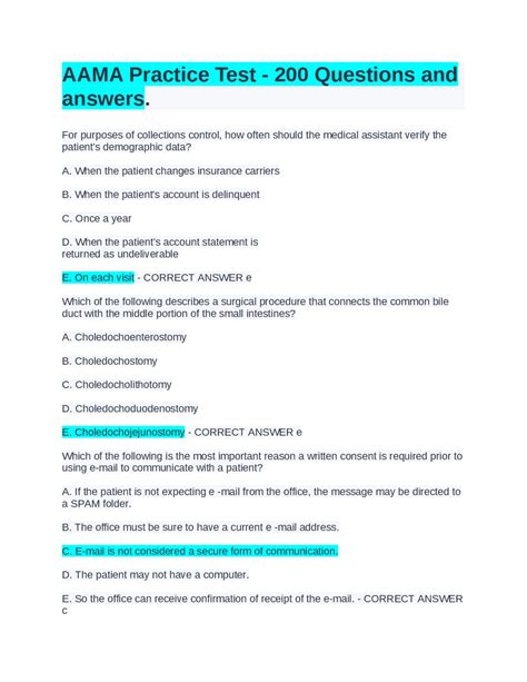 AAMA Practice Test - 200 Questions and answers | Exams Nursing | Docsity