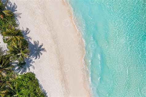 Aerial top view on sand beach. Tropical beach with white sand turquoise sea, palm trees under ...