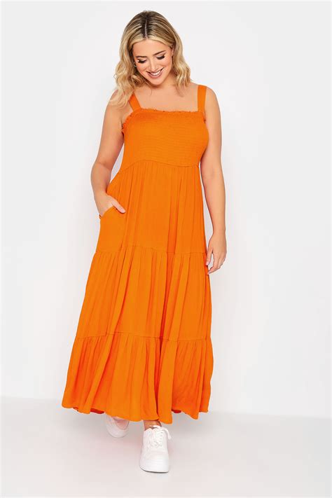YOURS Plus Size Orange Shirred Strappy Sundress | Yours Clothing