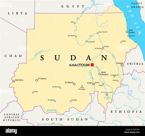Sudan political map with capital Khartoum, national borders Stock Photo ...