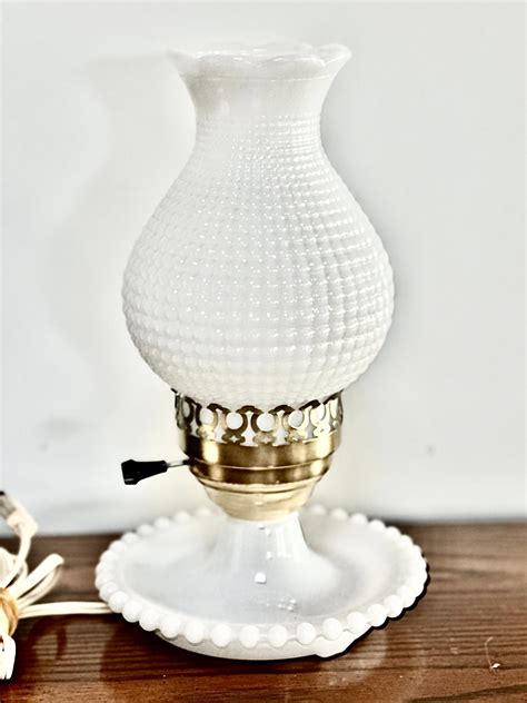 Vintage Milk Glass Electric Bedside Lamp With Hobnail Hurricane Shade ...