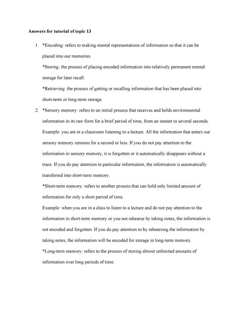 Remembering and forgetting tutorial - Answers for tutorial of topic 13 ...