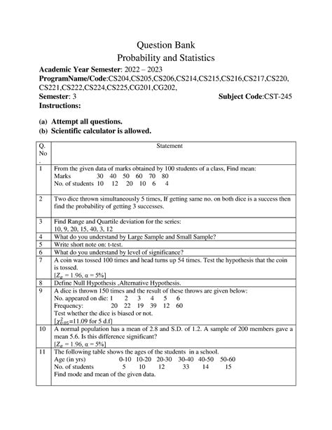 Question Bank Probability and Statistics (21CST-245) - Question Bank ...