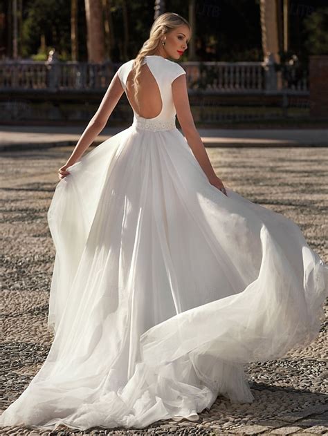 Wedding Dresses Beach Wedding A-Line V Neck Short Sleeve Sweep / Brush ...