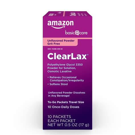 Amazon Basic Care ClearLax, Polyethylene Glycol 3350 Powder for Solution, Osmotic Laxative, 0.5 ...