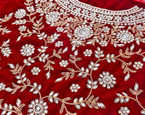 Red -Velvet Fabric with Heavy Hand Zardozi, Pearl, Dabka & Kundan Work ...