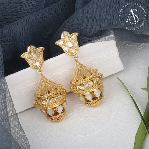 Gold Plated Silver Earrings with Pearls | Silver Pearls Jhumkas | Gold ...