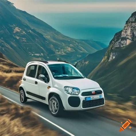 Stylish white Fiat Panda driving on winding mountain roads with panoramic views on Craiyon