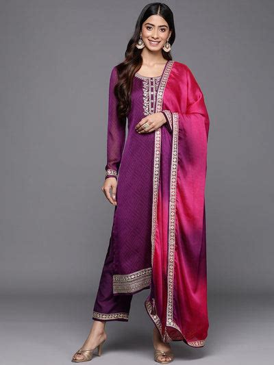 Buy Purple Printed Chiffon Straight Kurta With Trousers & Dupatta ...
