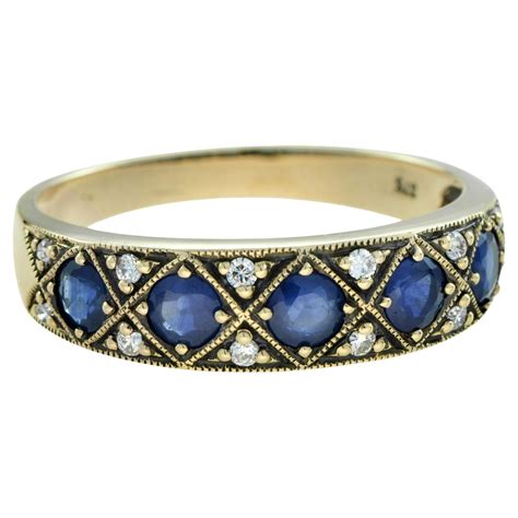 Customizable Sapphire and Diamond Vintage Style Half Eternity Band Ring ...