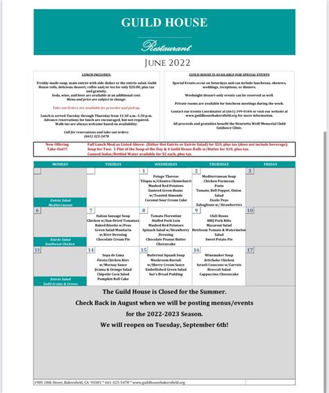 Menu at Guild House Gourmet Luncheons restaurant, Bakersfield