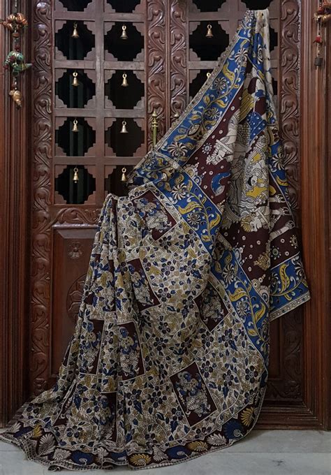 Mul cotton kalamkari with intricate wedding procession motif on pallu ...