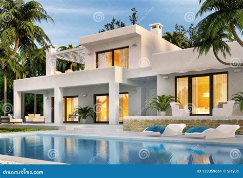 Modern White House with Swimming Pool Stock Illustration - Illustration ...