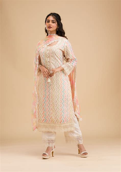 Buy Cream Cutwork Cotton Readymade Salwar Suit - Koskii