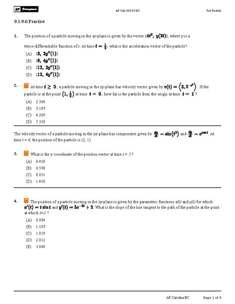 AP CALCULUS BC Test Booklet Practice 1: Particle Motion Analysis - Studocu