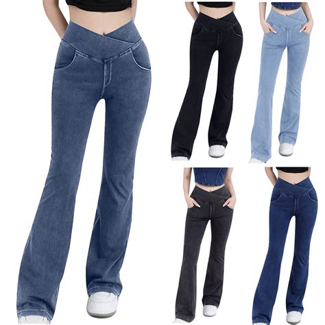 Aboser Denim Pants for Women V Crossover Jean Leggings Stretchy High ...