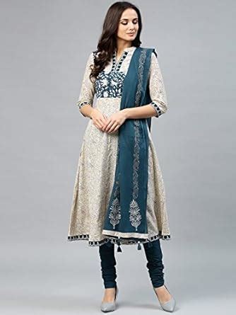 Rain & Rainbow Women Off-White & Navy Printed Kurta with Churidar ...