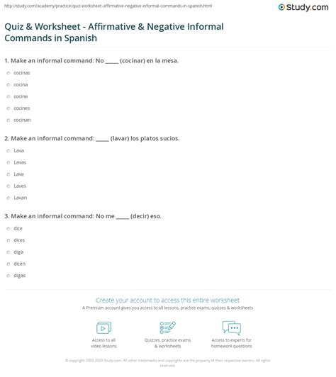 Quiz & Worksheet - Affirmative & Negative Informal Commands in Spanish ...