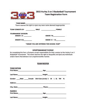 Fillable Online 2015 Hurley 3 on 3 Basketball Tournament Team ...